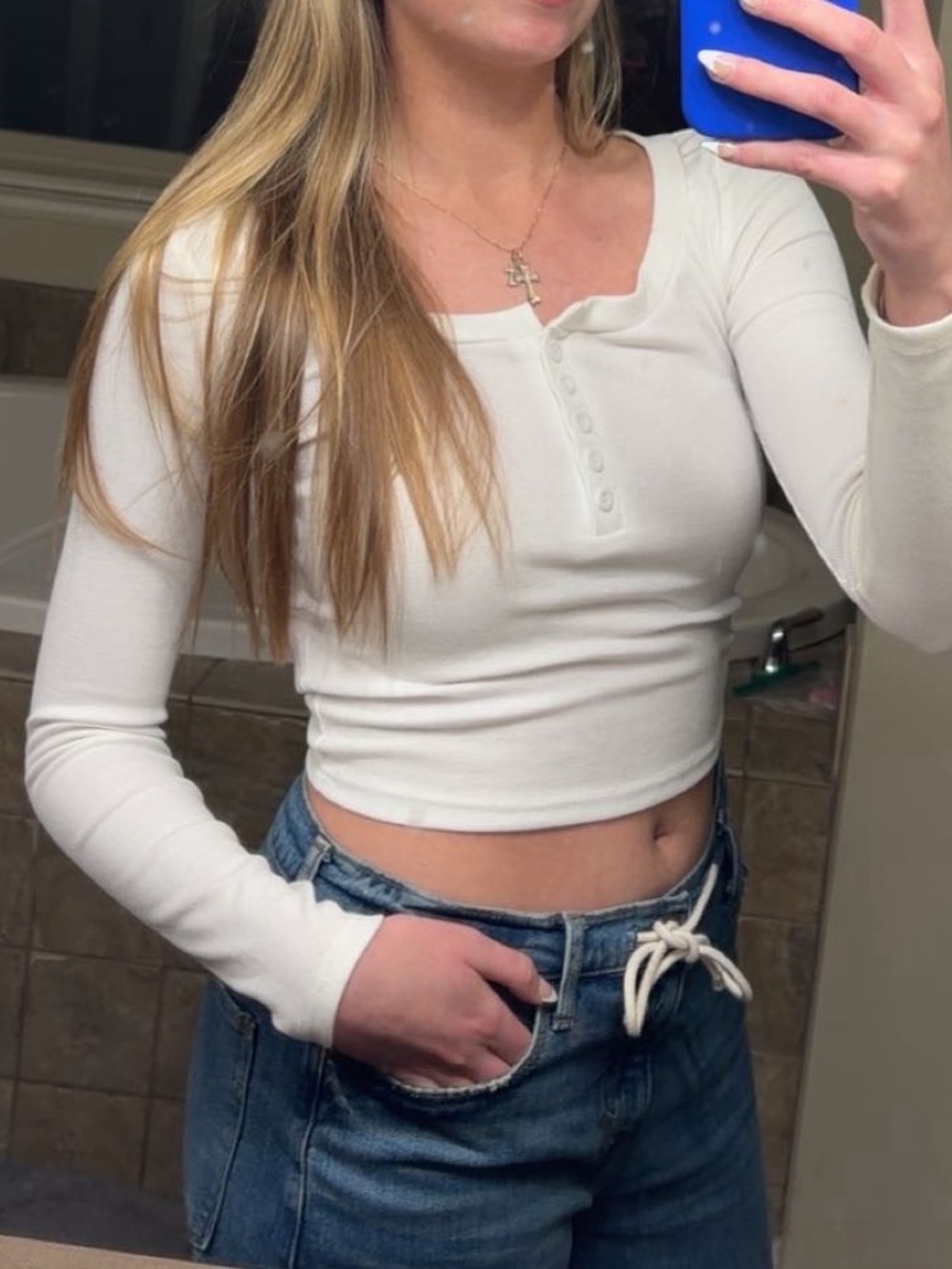 Women's Scoop Neck White Ribbed Henley Long Sleeve Top